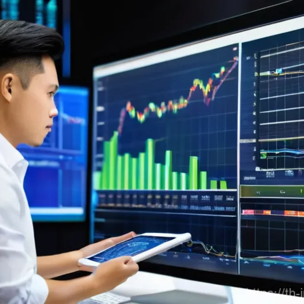 가치 투자자가 추천하는 주식 스크리너 - A focused young Thai value investor, dressed in smart casual attire, sits at a modern, clean desk. O...