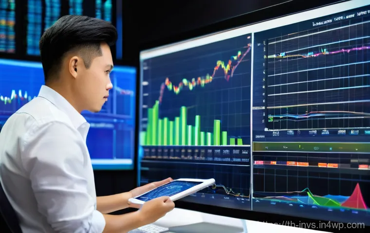 가치 투자자가 추천하는 주식 스크리너 - A focused young Thai value investor, dressed in smart casual attire, sits at a modern, clean desk. O...