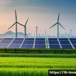 가치 투자자가 알아야 할 글로벌 트렌드 - A futuristic clean energy wind farm at sunrise in Thailand, with tall wind turbines spinning gently ...