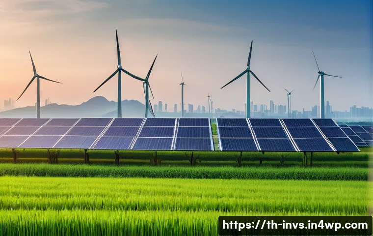 가치 투자자가 알아야 할 글로벌 트렌드 - A futuristic clean energy wind farm at sunrise in Thailand, with tall wind turbines spinning gently ...