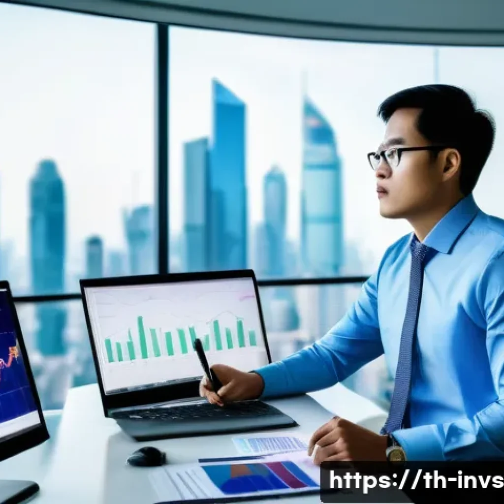 가치 투자와 글로벌 경제의 연결고리 - A professional Thai financial analyst in a modern office setting, surrounded by multiple computer sc...