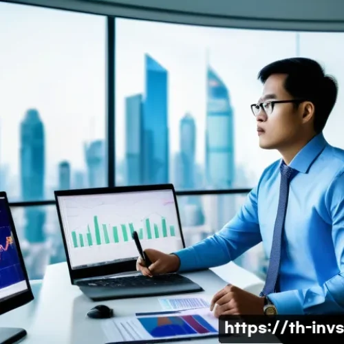 가치 투자와 글로벌 경제의 연결고리 - A professional Thai financial analyst in a modern office setting, surrounded by multiple computer sc...