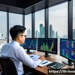 가치 투자 실전 팁  신뢰할 수 있는 데이터 소스 - A detailed digital illustration of a professional Thai investor analyzing stock market data on multi...