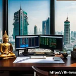 가치 투자와 기업 분석의 연관성 - A detailed financial analyst’s workspace scene in a modern Thai office, showing a professional revie...