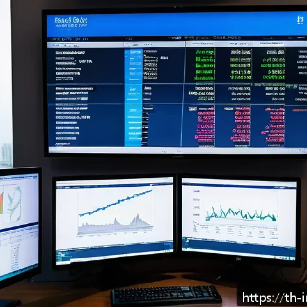 가치 투자 실전  기업 분석 기초 - A detailed financial analyst’s workspace in a modern Bangkok office, showing multiple computer scree...
