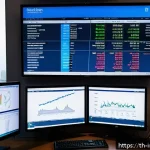 가치 투자 실전  기업 분석 기초 - A detailed financial analyst’s workspace in a modern Bangkok office, showing multiple computer scree...