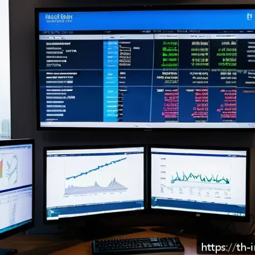 가치 투자 실전  기업 분석 기초 - A detailed financial analyst’s workspace in a modern Bangkok office, showing multiple computer scree...