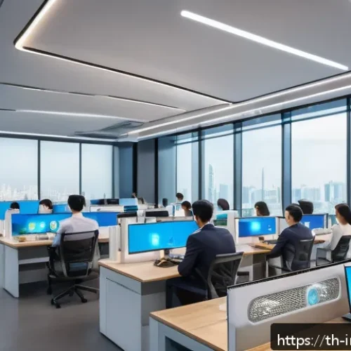 가치 투자자가 찾는 성장 가능성이 높은 기업 - A futuristic corporate office interior showcasing advanced AI technology in use: diverse professiona...