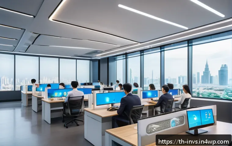 가치 투자자가 찾는 성장 가능성이 높은 기업 - A futuristic corporate office interior showcasing advanced AI technology in use: diverse professiona...