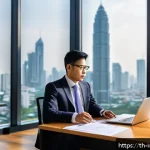 Home 18 가치 투자의 역사와 주요 인물 - A professional Thai investor sitting at a modern office desk filled with financial documents and a l...