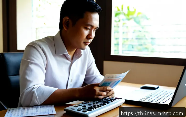 Home 17 가치 투자에서 PER의 중요성 - Photorealistic Thai value investor in a calm Bangkok apartment workspace, carefully comparing a simp...